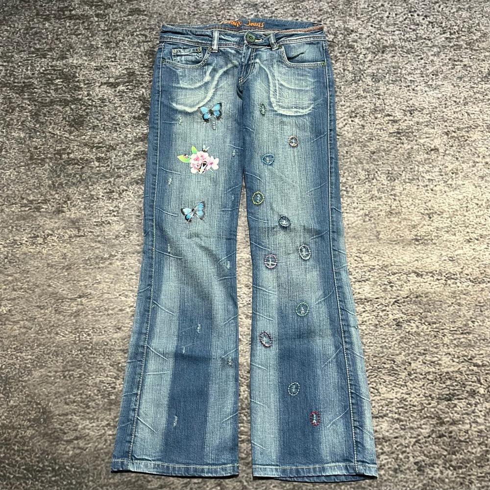 VTG Bebina Jeans Womens 7‎ (30x32) Blue Butterflies Low Rise Flare Boho Y2K